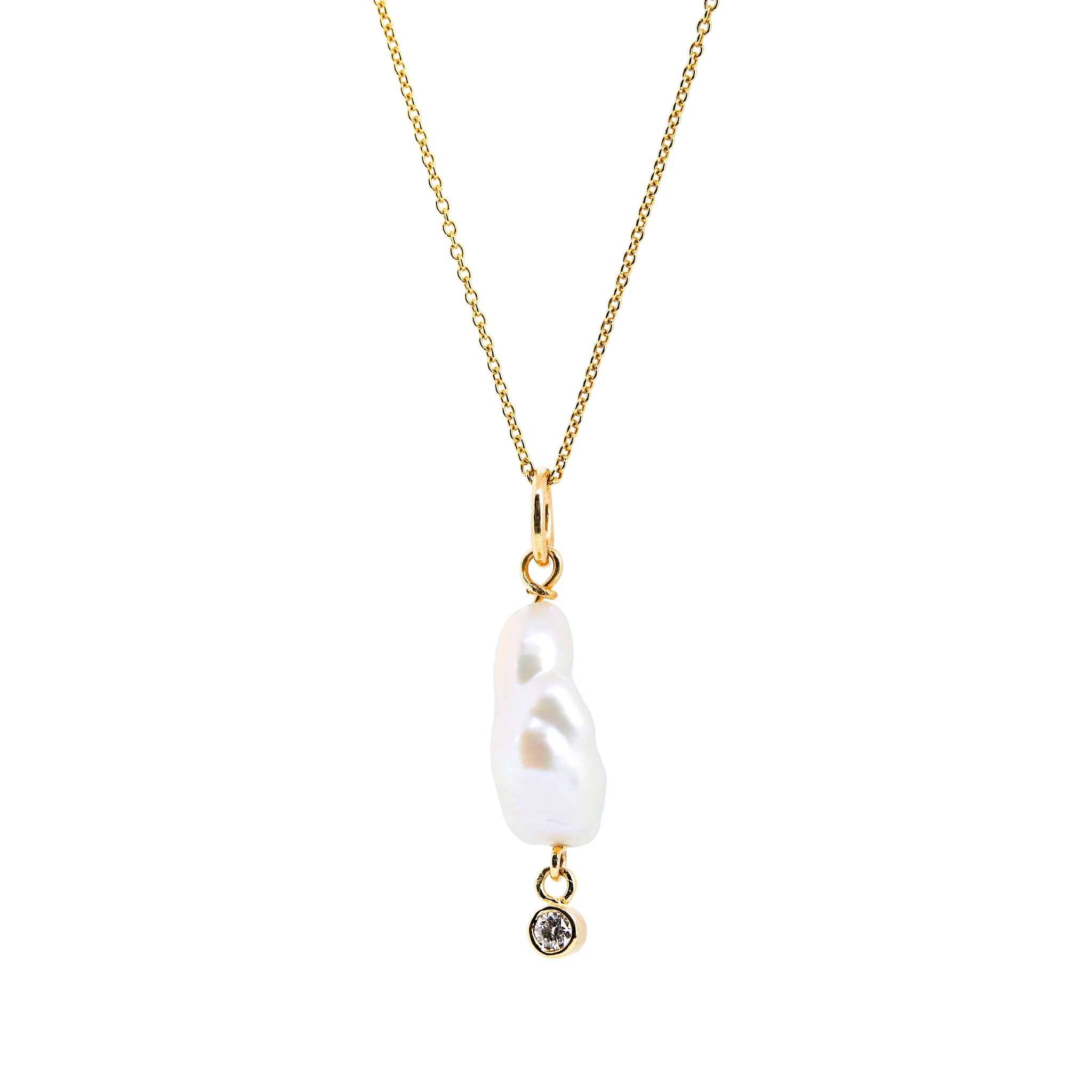 Pearl with Hanging Diamond Pendant / Necklace, Solid Gold
