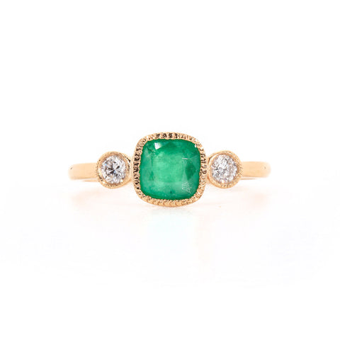 Ring with Cushion Cut Emerald (0.88 ct) and Diamonds, Solid 14k Gold | ONE-OF-A-KIND