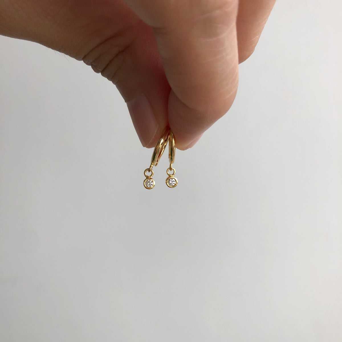 Small Hoop Earrings with Hanging Diamonds Solid 14k Gold Single