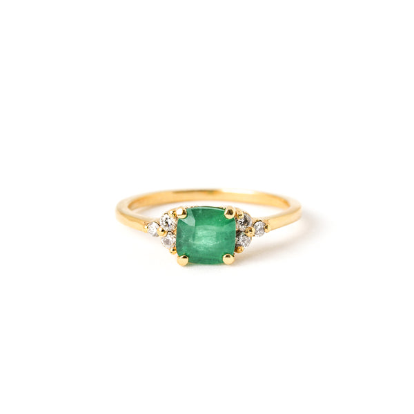 Ring with Cushion Cut Emerald (0.93 ct) and Diamonds, Solid 14k Gold | ONE-OF-A-KIND