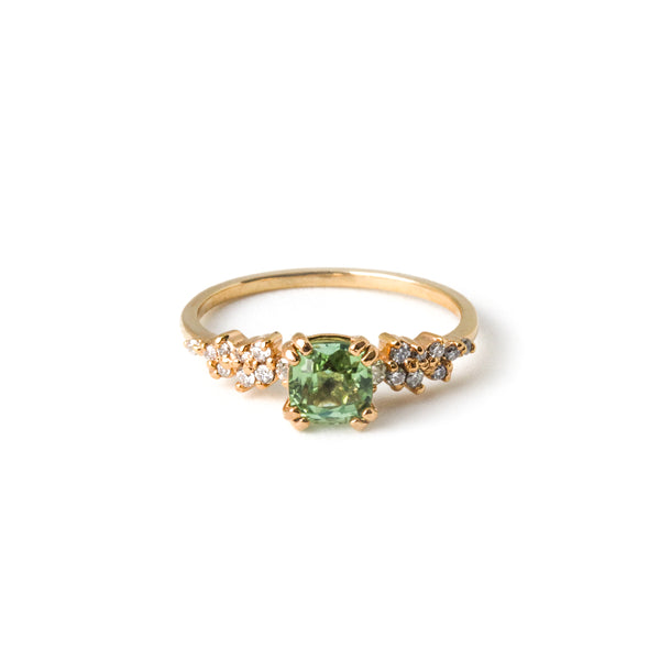Ring with Cushion Cut Mint Green Tourmaline (0.95 ct) and Cluster of Diamonds, Solid 14k Gold | ONE-OF-A-KIND