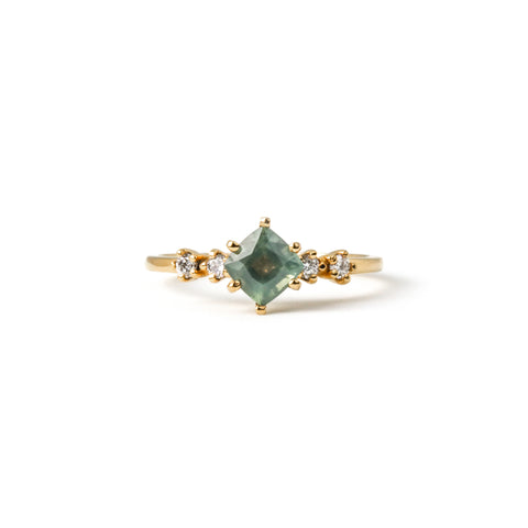 Ring with Cushion Cut Teal Sapphire (0.89 ct) and Diamonds, Solid 14k Gold | ONE-OF-A-KIND
