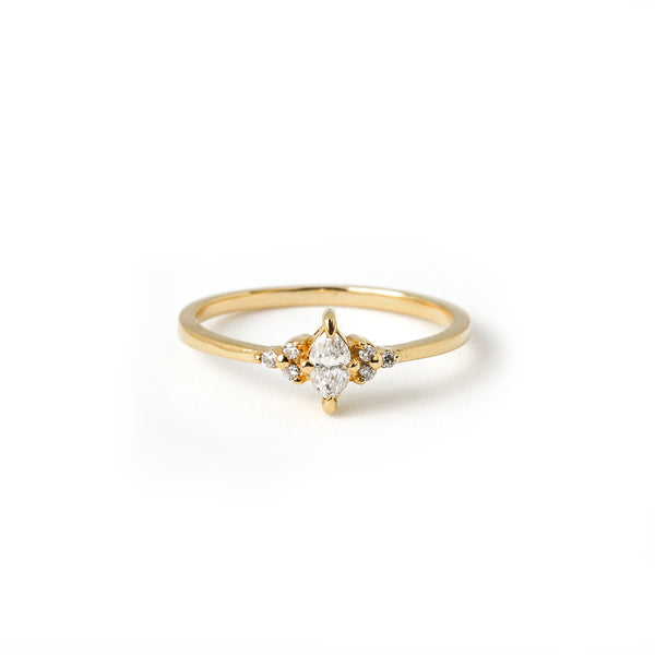 Ring with Marquise (0.135 ct) and Round Diamonds, Solid 14k Gold | ONE-OF-A-KIND