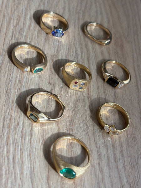 Flat Band Ring with Cluster of Diamonds, Solid 14k Gold | LIMITED