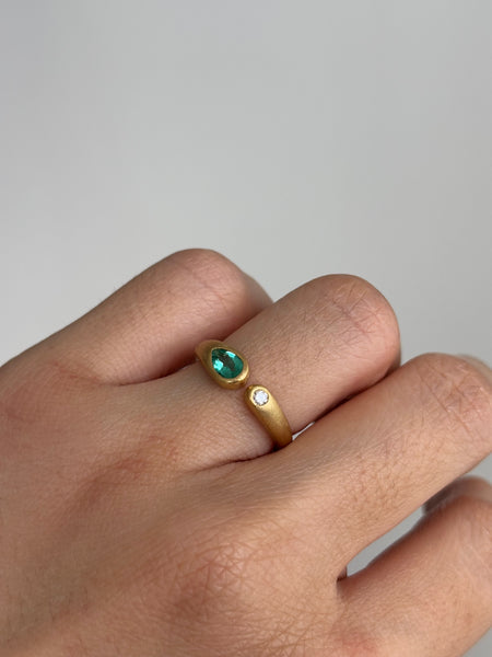 Open Embrace Ring with Stones No. 1 - Pear Emerald (0.35 ct) and Diamond, Solid 14k Gold | ONE-OF-A-KIND