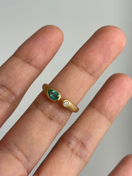 Open Embrace Ring with Stones No. 1 - Pear Emerald (0.35 ct) and Diamond, Solid 14k Gold | ONE-OF-A-KIND