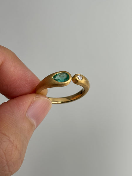 Open Embrace Ring with Stones No. 1 - Pear Emerald (0.35 ct) and Diamond, Solid 14k Gold | ONE-OF-A-KIND