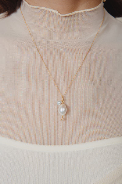 Double Pearls and Diamond Pendant / Necklace, Solid Gold
