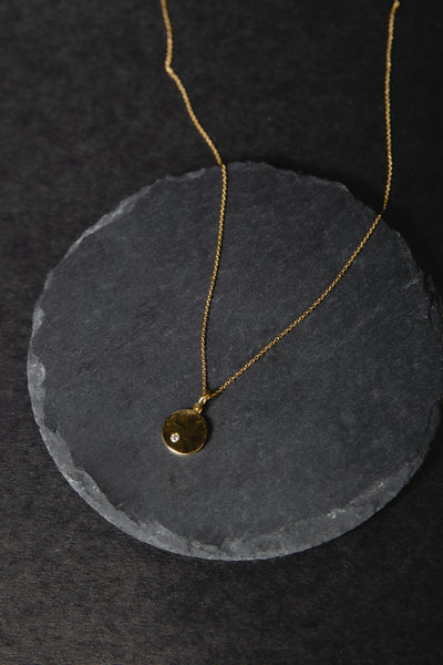 Mini Disc with Diamond Pendant Necklace, Solid Gold