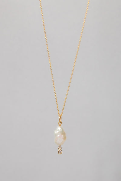 Pearl with Hanging Diamond Pendant / Necklace, Solid Gold
