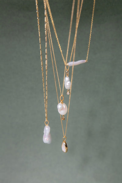 Double Pearls and Diamond Pendant / Necklace, Solid Gold