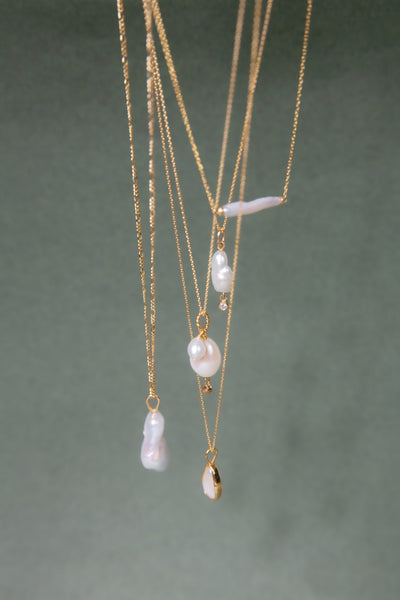 Elongated Keshi Pearl Adjustable Necklace, Solid 14k Gold