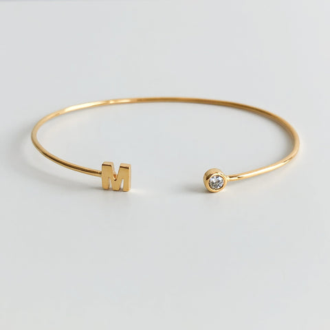 Slim Open Bangle with Initial and Diamond, Solid 14k Gold