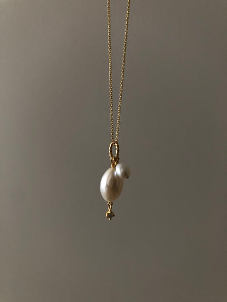 Double Pearls and Diamond Pendant / Necklace, Solid Gold