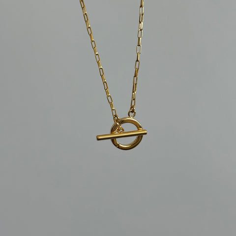 Toggle Bar and Round Charm Connector Necklace, Solid 14k Gold