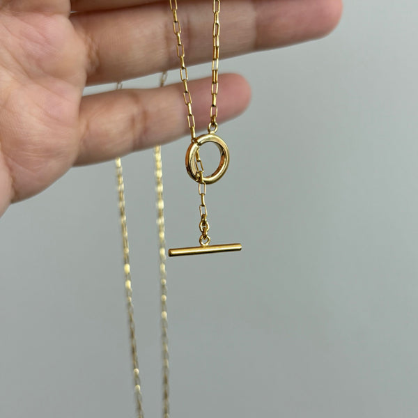 Toggle Bar and Round Charm Connector Necklace, Solid 14k Gold