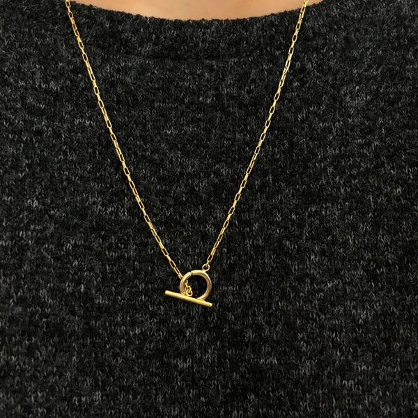 Toggle Bar and Round Charm Connector Necklace, Solid 14k Gold