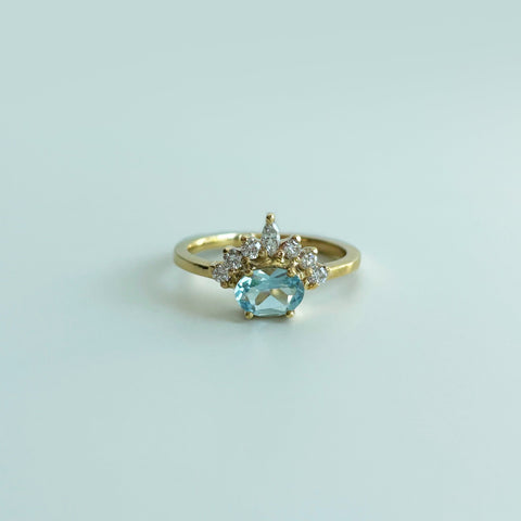 Aquamarine (0.545 ct) with Diamond Crown Ring, Solid 14k Gold | ONE-OF-A-KIND
