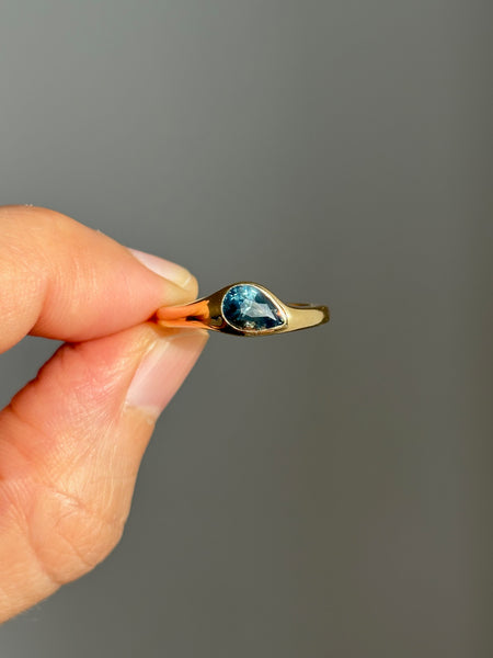 Tilted Stone Ring No. 2 - Pear Teal Sapphire (1.02 ct Unheated), Solid 14k Gold | ONE-OF-A-KIND