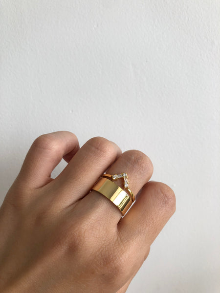 V Ring with Round and Baguette Diamonds, Solid 14k Gold