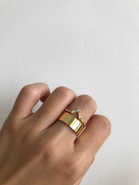V Ring with Round and Baguette Diamonds, Solid 14k Gold