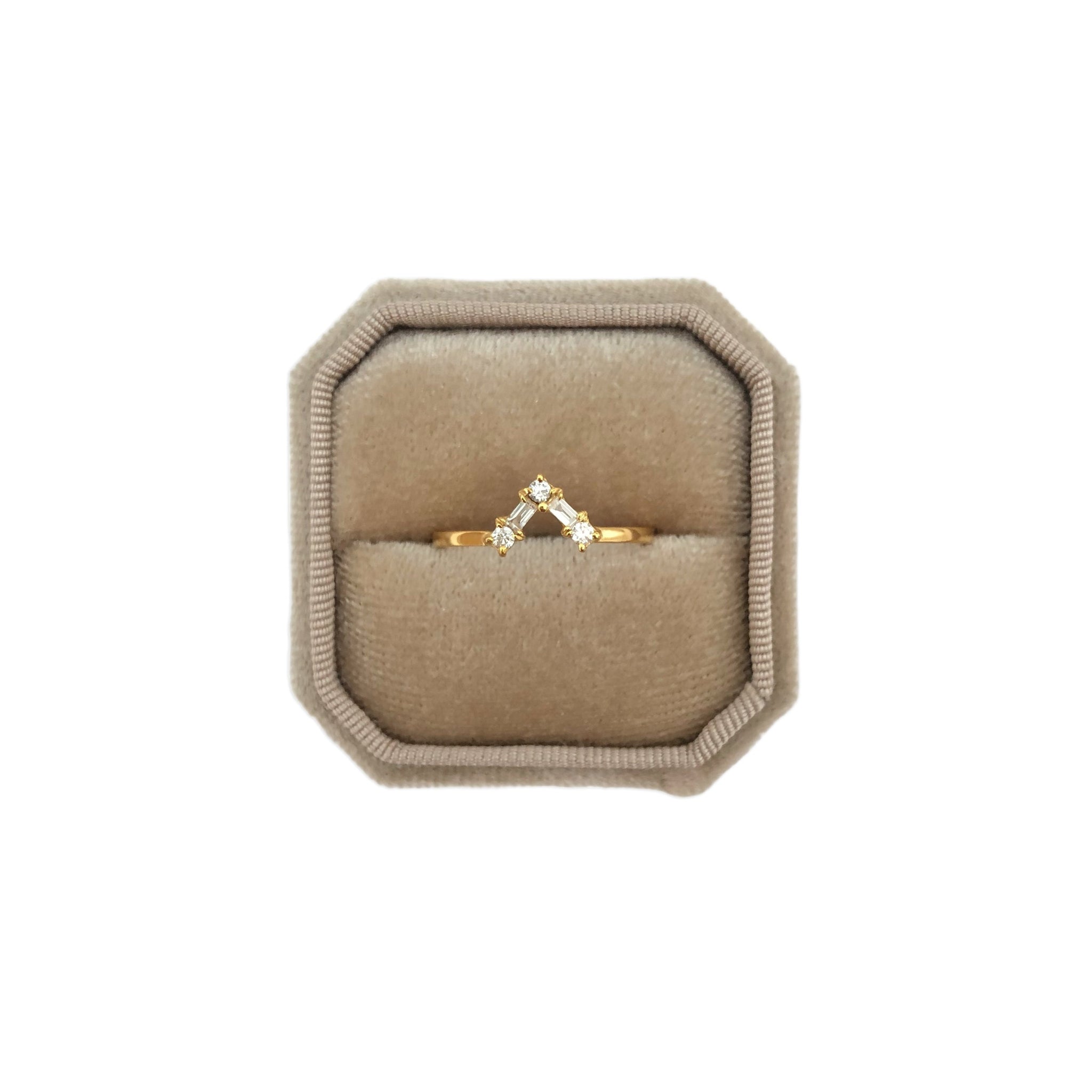 V Ring with Round and Baguette Diamonds, Solid 14k Gold