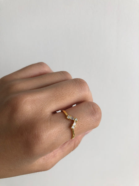 V Ring with Round and Baguette Diamonds, Solid 14k Gold