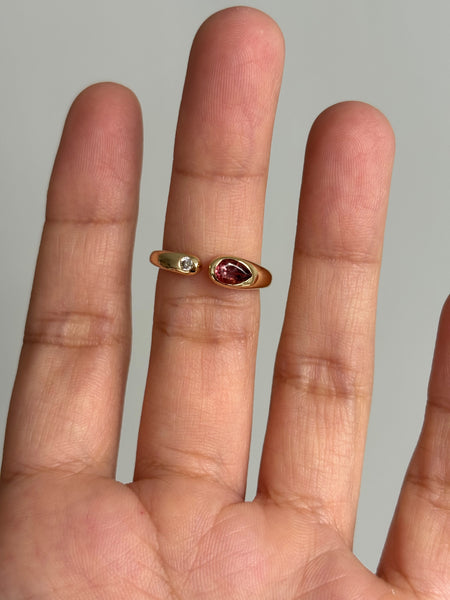 Open Embrace Ring with Stones No. 2 - Pear Rose Tourmaline (0.475 ct) and Diamond, Solid 14k Gold | ONE-OF-A-KIND