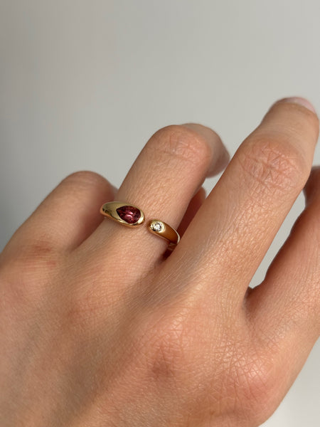 Open Embrace Ring with Stones No. 2 - Pear Rose Tourmaline (0.475 ct) and Diamond, Solid 14k Gold | ONE-OF-A-KIND