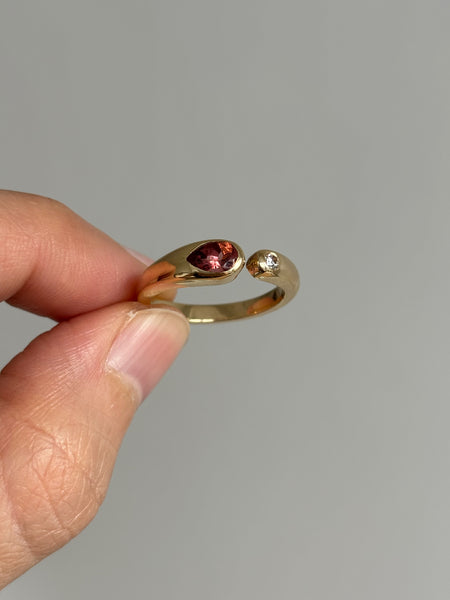 Open Embrace Ring with Stones No. 2 - Pear Rose Tourmaline (0.475 ct) and Diamond, Solid 14k Gold | ONE-OF-A-KIND
