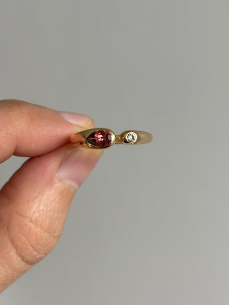 Open Embrace Ring with Stones No. 2 - Pear Rose Tourmaline (0.475 ct) and Diamond, Solid 14k Gold | ONE-OF-A-KIND