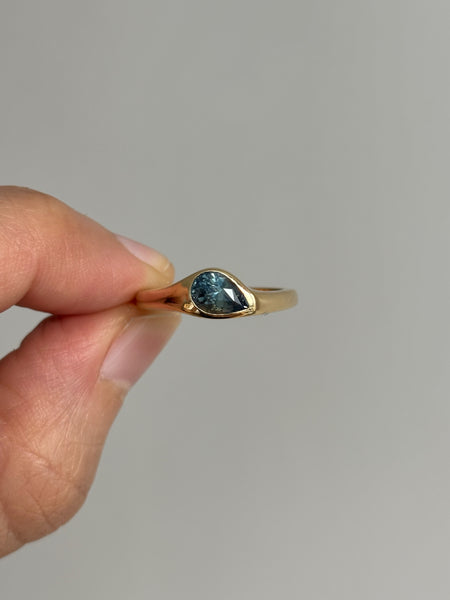 Tilted Stone Ring No. 2 - Pear Teal Sapphire (1.02 ct Unheated), Solid 14k Gold | ONE-OF-A-KIND