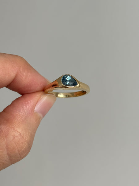 Tilted Stone Ring No. 2 - Pear Teal Sapphire (1.02 ct Unheated), Solid 14k Gold | ONE-OF-A-KIND