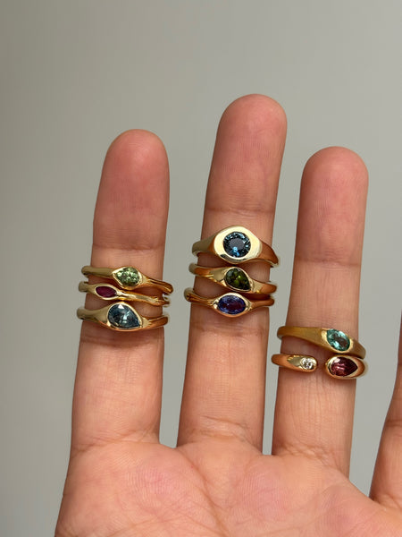 Open Embrace Ring with Stones No. 2 - Pear Rose Tourmaline (0.475 ct) and Diamond, Solid 14k Gold | ONE-OF-A-KIND