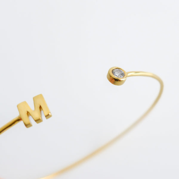 Slim Open Bangle with Initial and Diamond, Solid 14k Gold