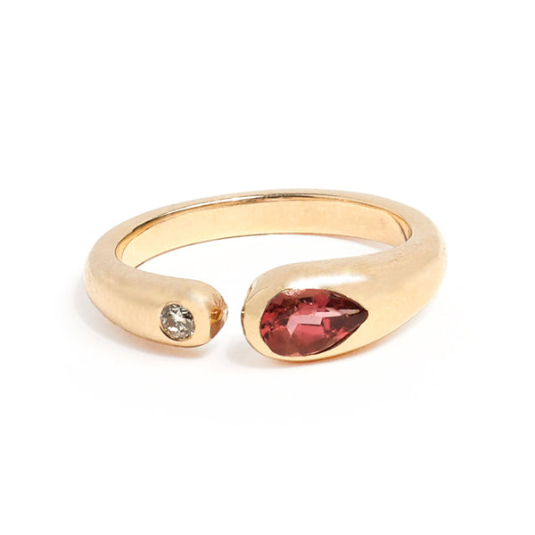 Open Embrace Ring with Stones No. 2 - Pear Rose Tourmaline (0.475 ct) and Diamond, Solid 14k Gold | ONE-OF-A-KIND