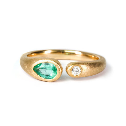 Open Embrace Ring with Stones No. 1 - Pear Emerald (0.35 ct) and Diamond, Solid 14k Gold | ONE-OF-A-KIND