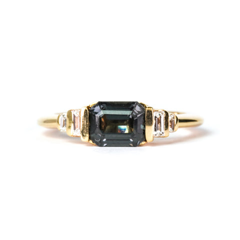 Cascading Ring with Octagon Gray Spinel (1.47 ct) and Diamonds, Solid 14k Gold | ONE-OF-A-KIND