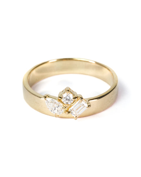 Flat Band Ring with Cluster of Diamonds, Solid 14k Gold | LIMITED