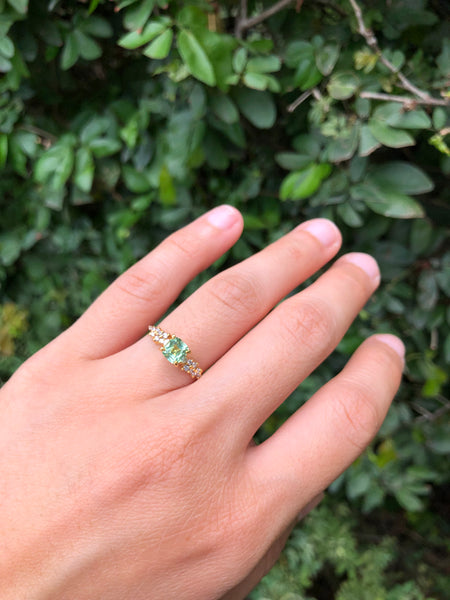 Ring with Cushion Cut Mint Green Tourmaline (0.95 ct) and Cluster of Diamonds, Solid 14k Gold | ONE-OF-A-KIND