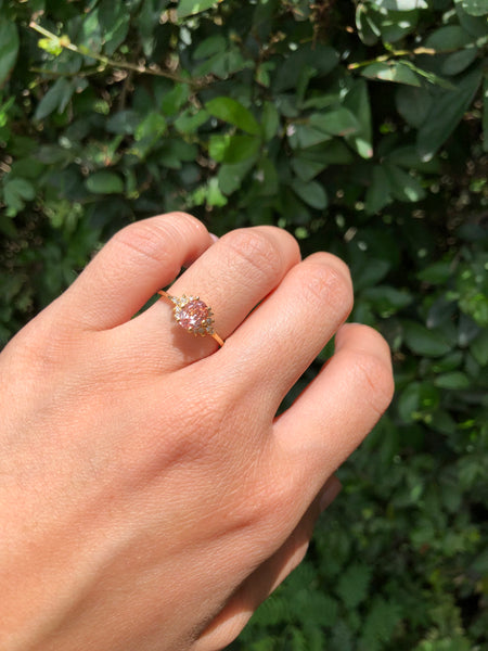 Ring with Oval Padparadscha Sapphire (certified, 1.12 ct) and Cluster of Diamonds, Solid 14k Gold | ONE-OF-A-KIND