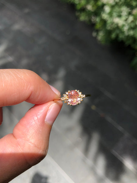 Ring with Oval Padparadscha Sapphire (certified, 1.12 ct) and Cluster of Diamonds, Solid 14k Gold | ONE-OF-A-KIND