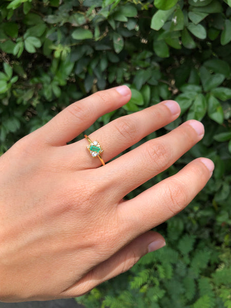 Square Cluster Ring with Emerald Baguette (0.26 ct) and Diamonds, Solid 14k Gold | ONE-OF-A-KIND