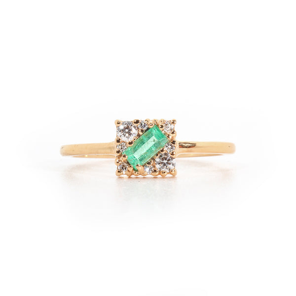 Square Cluster Ring with Emerald Baguette (0.26 ct) and Diamonds, Solid 14k Gold | ONE-OF-A-KIND