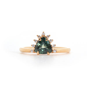 Ring with Trillion Cut Teal Sapphire (1.27 ct) and Diamonds, Solid 14k Gold | ONE-OF-A-KIND