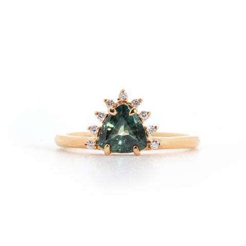 Ring with Trillion Cut Teal Sapphire (1.27 ct) and Diamonds, Solid 14k Gold | ONE-OF-A-KIND