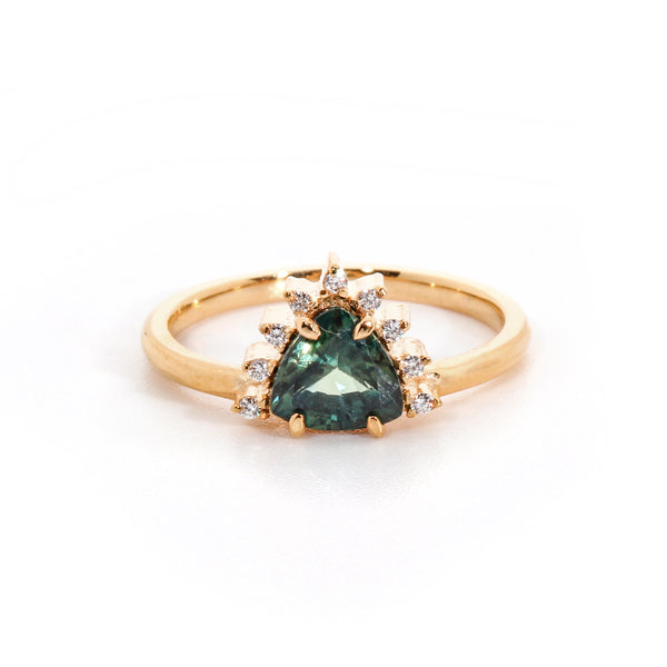 Ring with Trillion Cut Teal Sapphire (1.27 ct) and Diamonds, Solid 14k Gold | ONE-OF-A-KIND