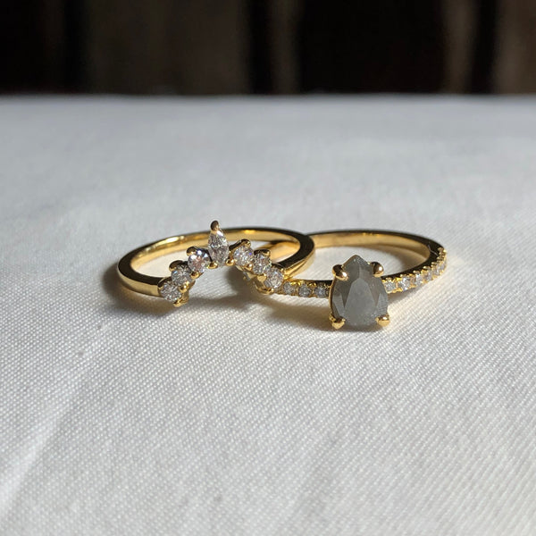Pear Salt & Pepper Diamond Ring with Half Eternity Band, Solid 14k Gold | ONE-OF-A-KIND
