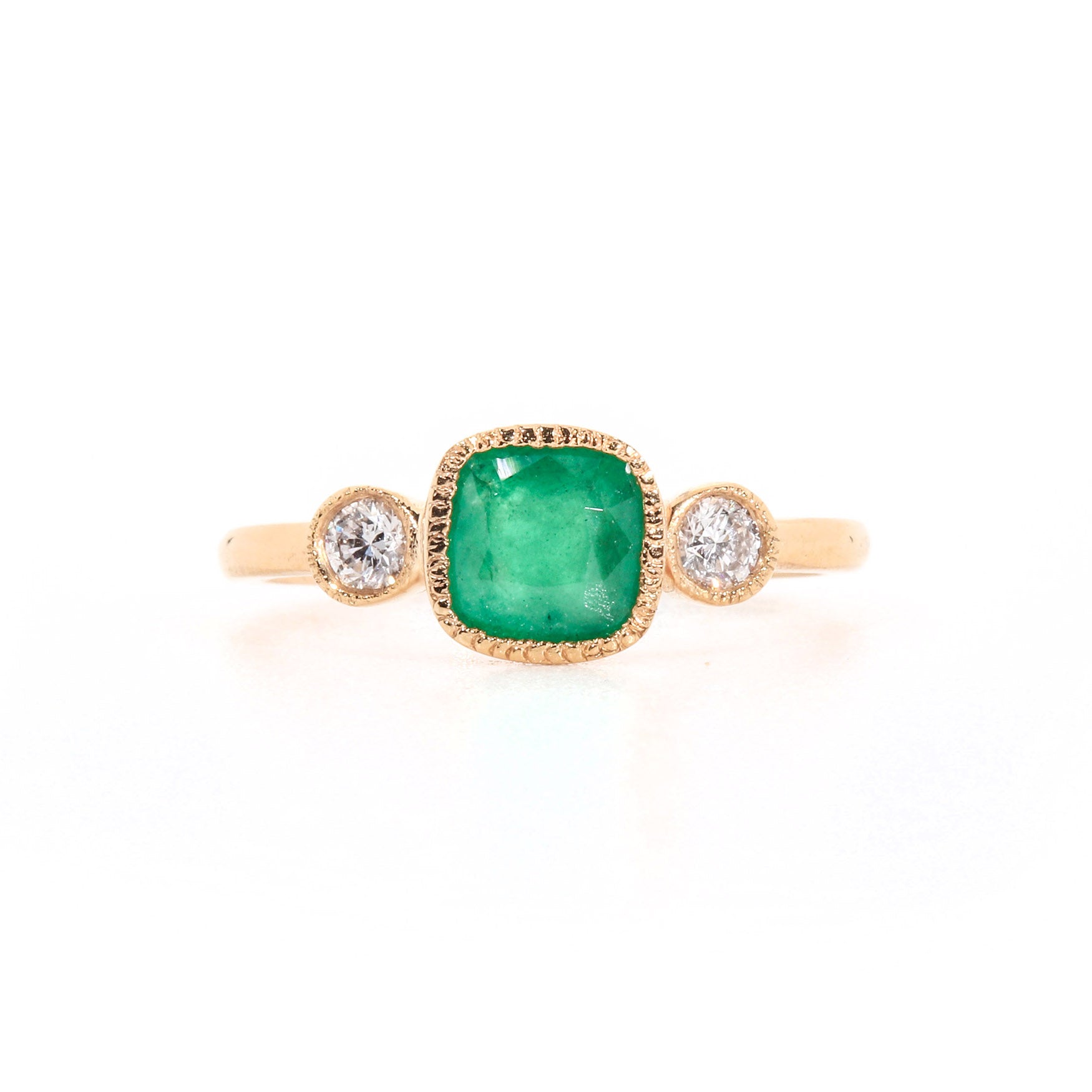 Ring with Cushion Cut Emerald (0.88 ct) and Diamonds, Solid 14k Gold | ONE-OF-A-KIND