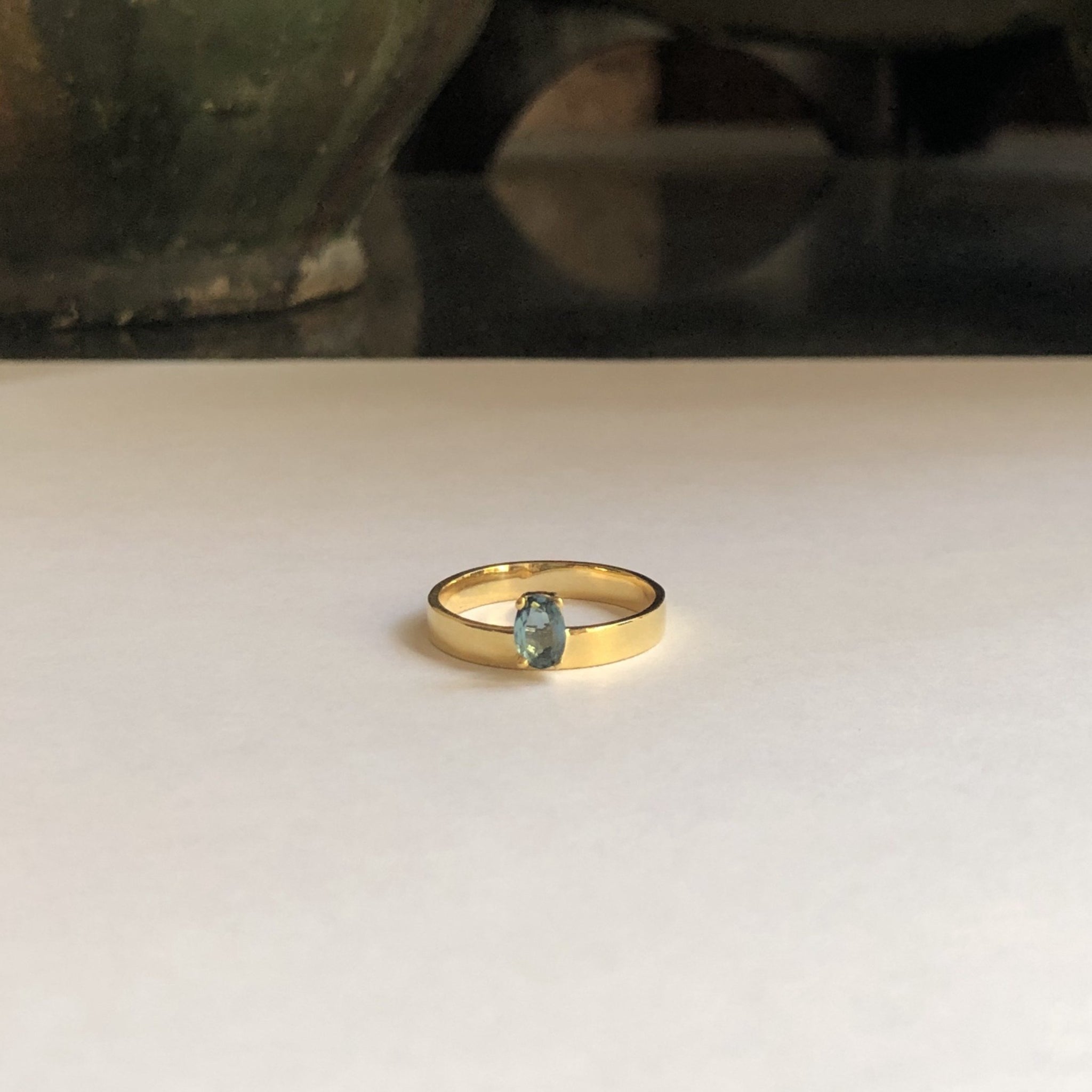 Band Ring with Oval Indicolite Tourmaline, Solid 14k Gold | ONE-OF-A-KIND